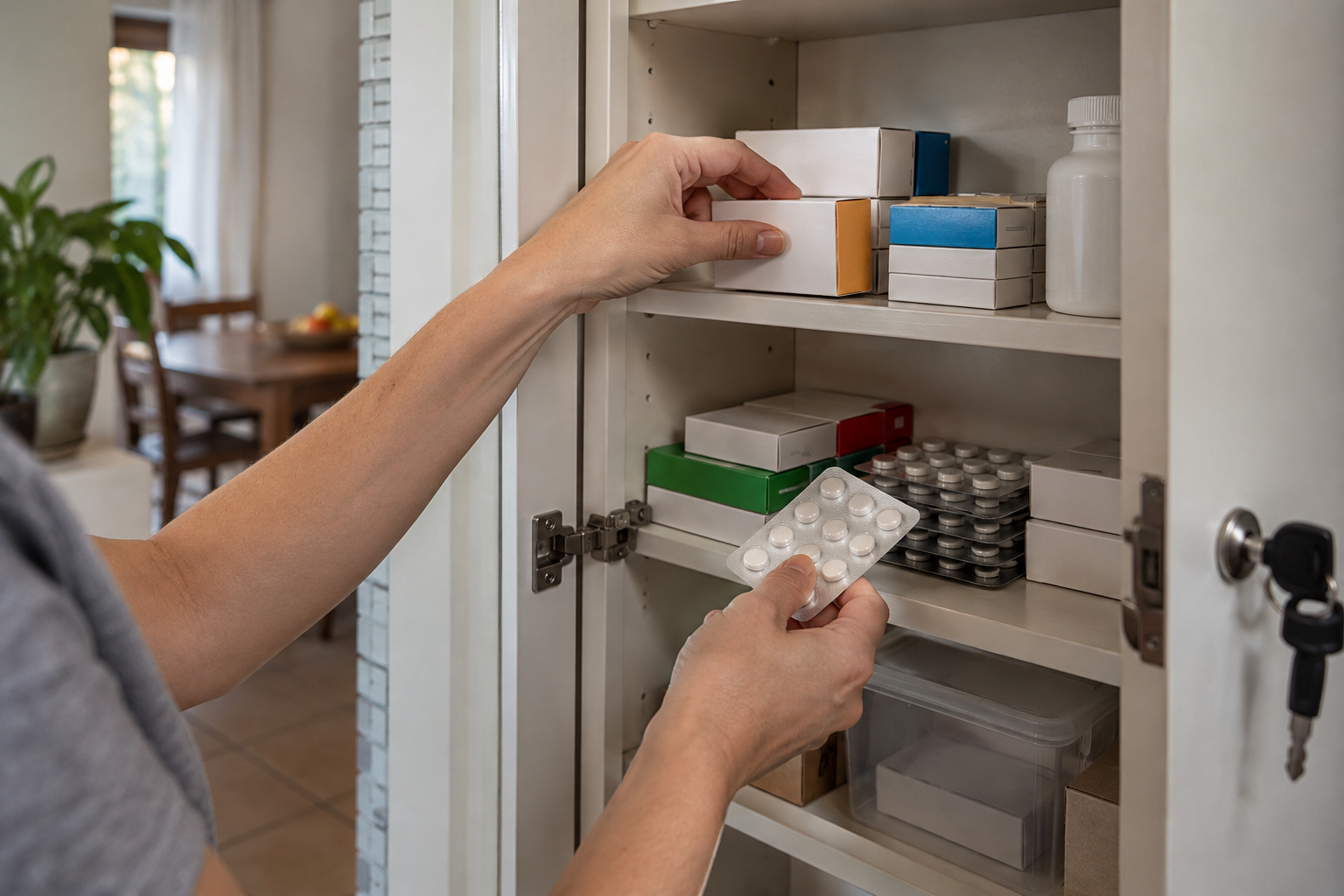 Mãos de uma pessoa organizando caixas e cartelas de medicamentos em um armário doméstico com fechadura.