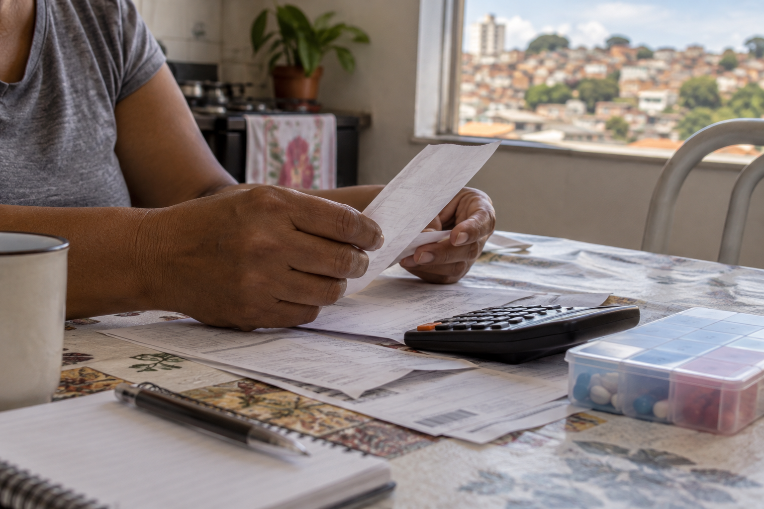 Mãos de uma pessoa conferindo despesas domésticas ao lado de uma calculadora e de um organizador de medicamentos em uma casa de Contagem.