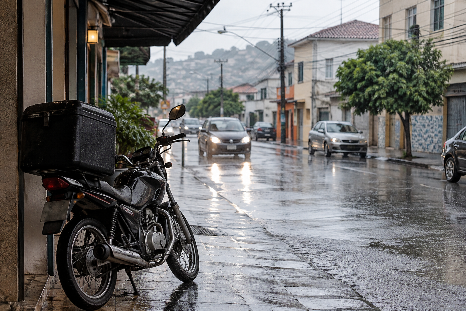 Rua molhada após chuva em uma cidade mineira, com motocicleta estacionada em área coberta e postes ao fundo.