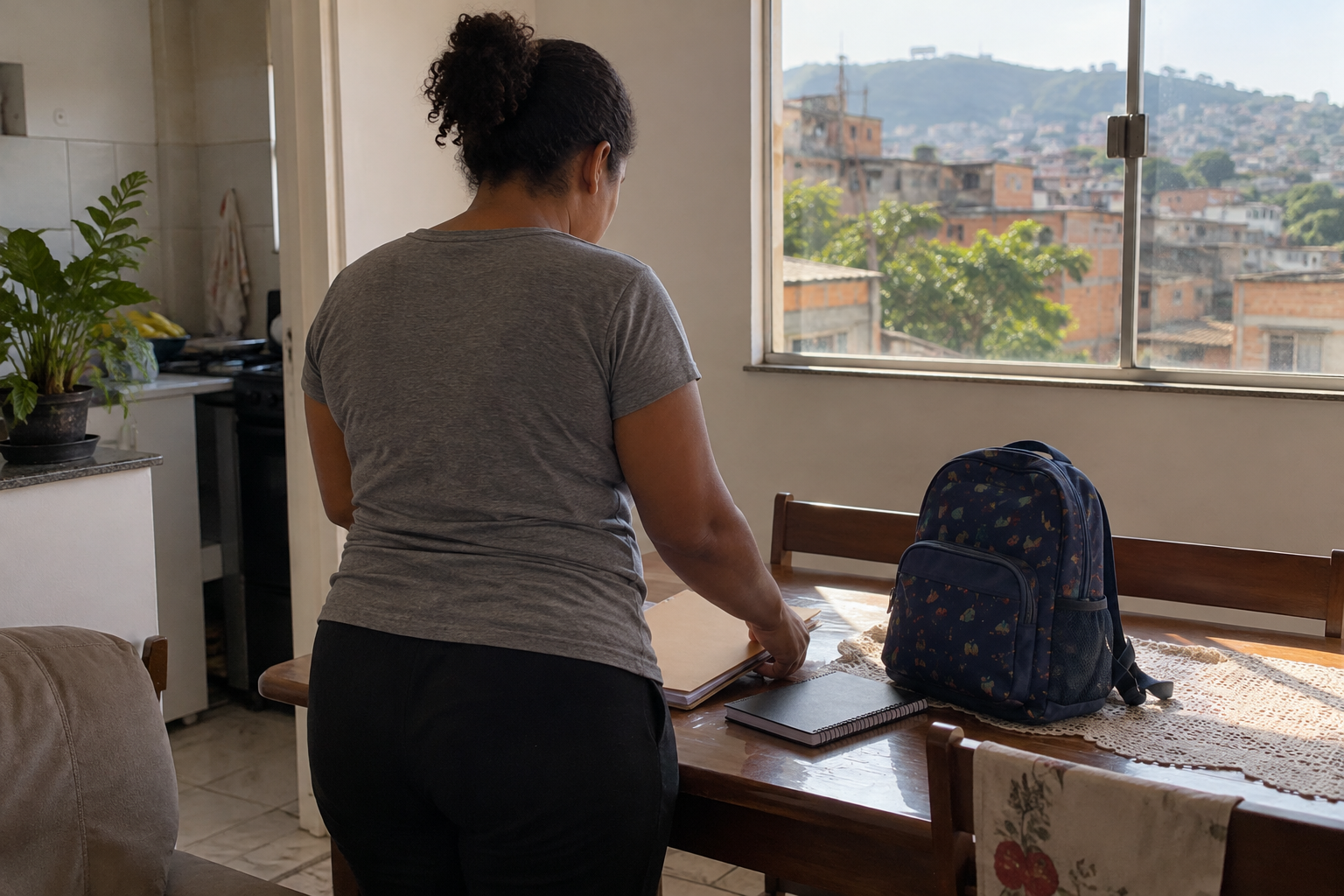 Responsável organiza pasta, caderno e mochila infantil sobre uma mesa em uma casa de Contagem.