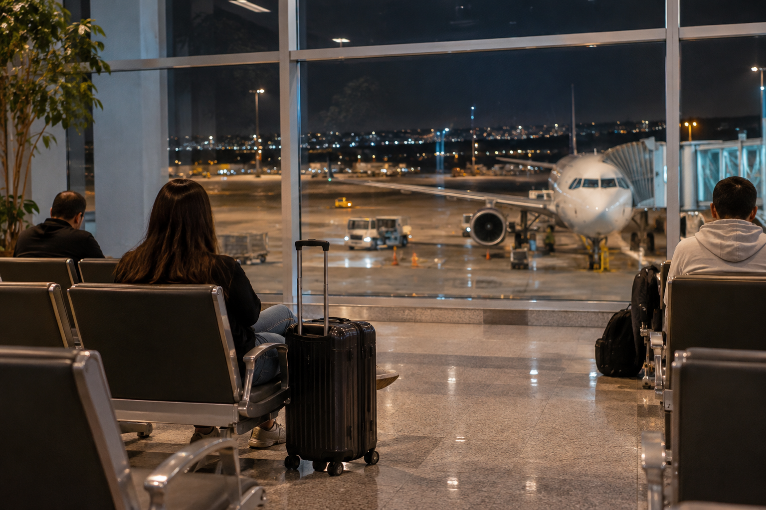 Bagagens ao lado de assentos em terminal aeroportuário à noite, com o pátio de aeronaves ao fundo.