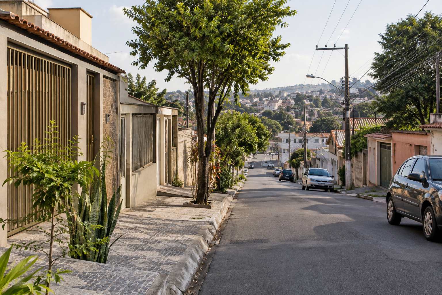 Rua residencial com casas, calçadas, árvores e carros estacionados em cenário urbano de Minas Gerais.