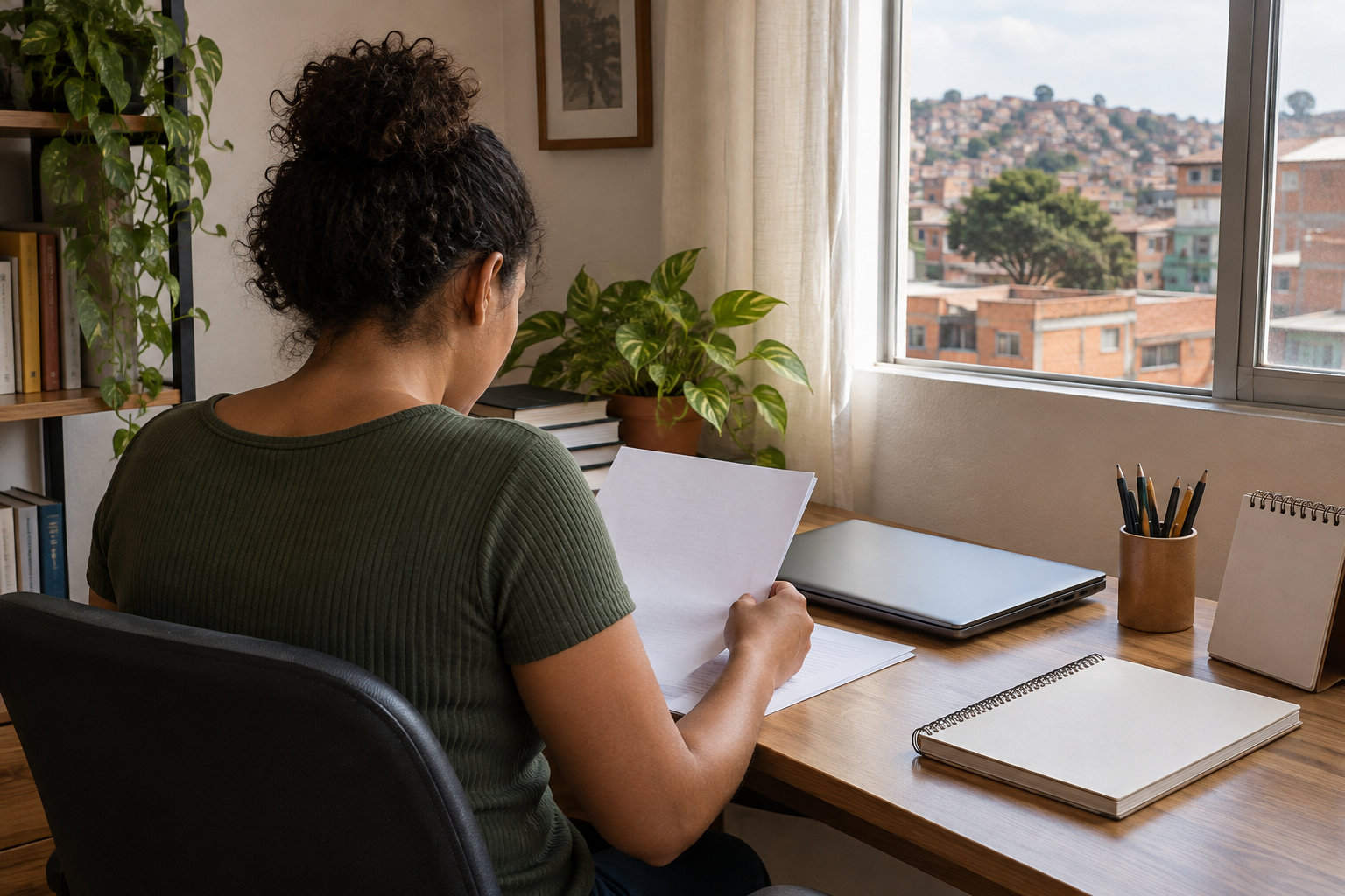 Pessoa de costas organizando materiais de estudo em uma mesa, com prédios de uma cidade mineira ao fundo.