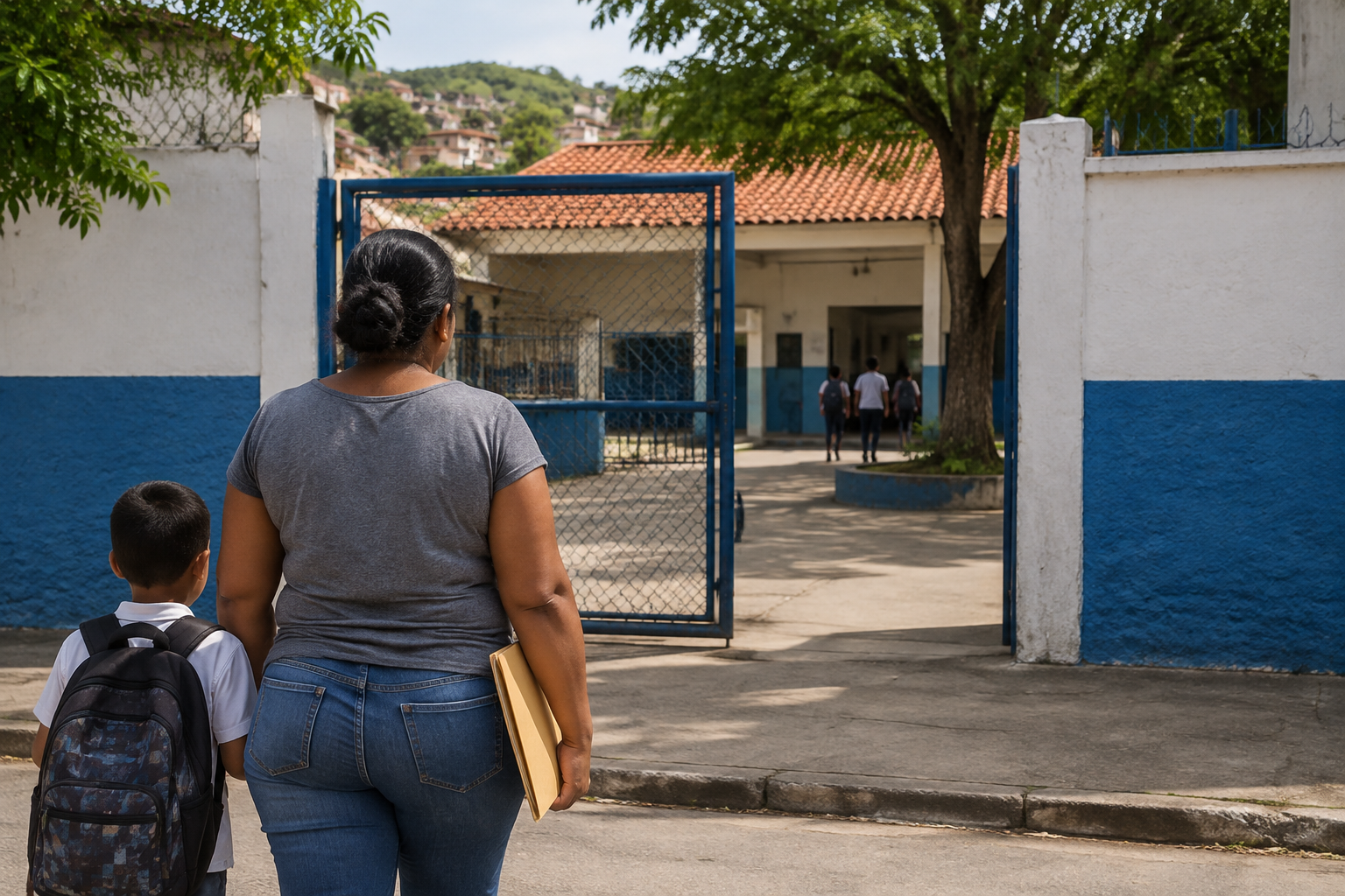 Entrada de escola em bairro urbano de Minas Gerais, com responsável de costas segurando uma pasta.