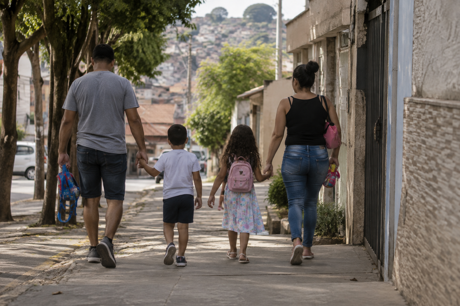Adultos e crianças vistos de costas caminhando por uma calçada arborizada em cenário urbano de Minas Gerais.