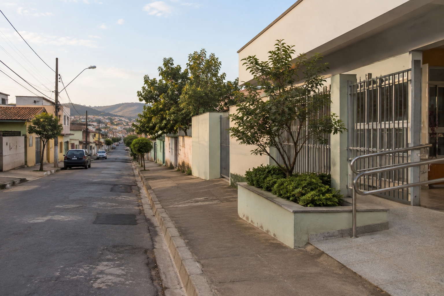 Rua de bairro em uma cidade mineira, com construções baixas, calçada e entrada de prédio de aparência institucional.
