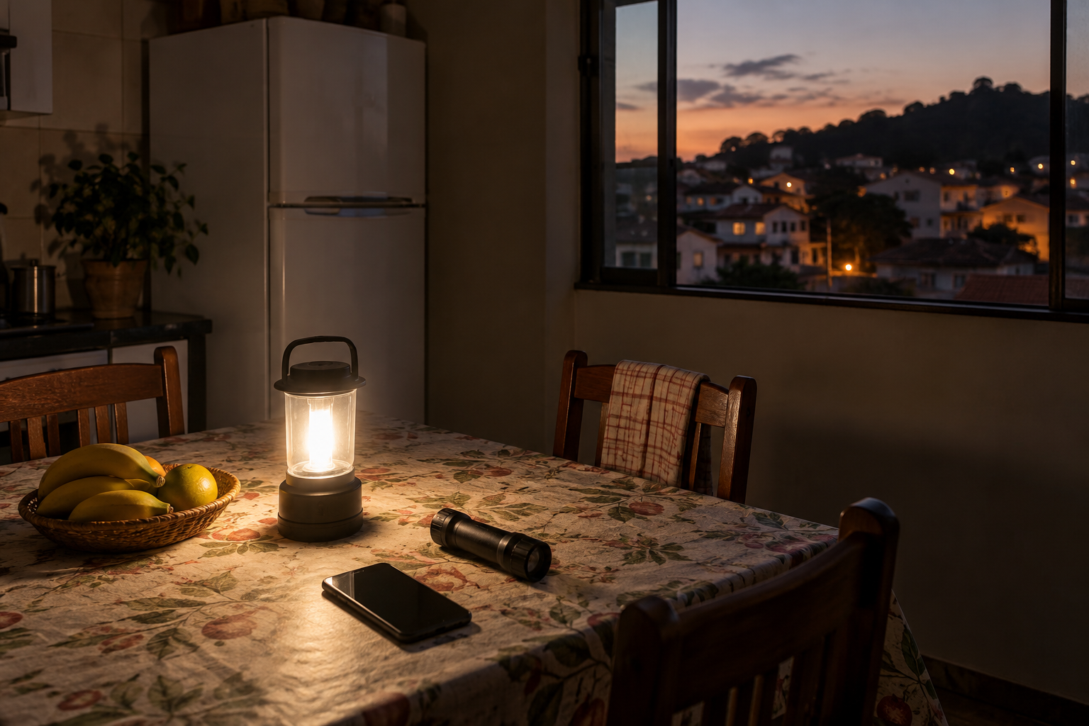Lanterna ilumina mesa com celular durante falta de energia em uma casa de bairro de Minas Gerais.