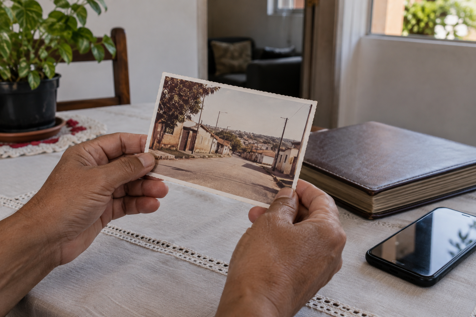 Mãos seguram uma fotografia antiga sobre uma mesa com álbum fechado e celular, em ambiente doméstico.