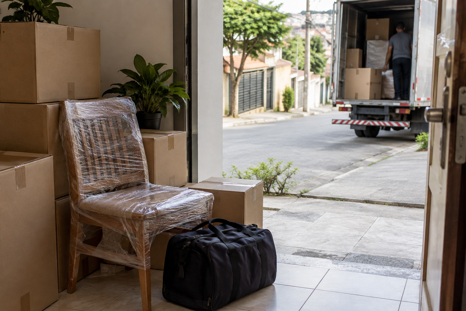 Caixas de mudança, cadeira protegida e bolsa organizadas junto à entrada de uma casa, com veículo de transporte ao fundo.