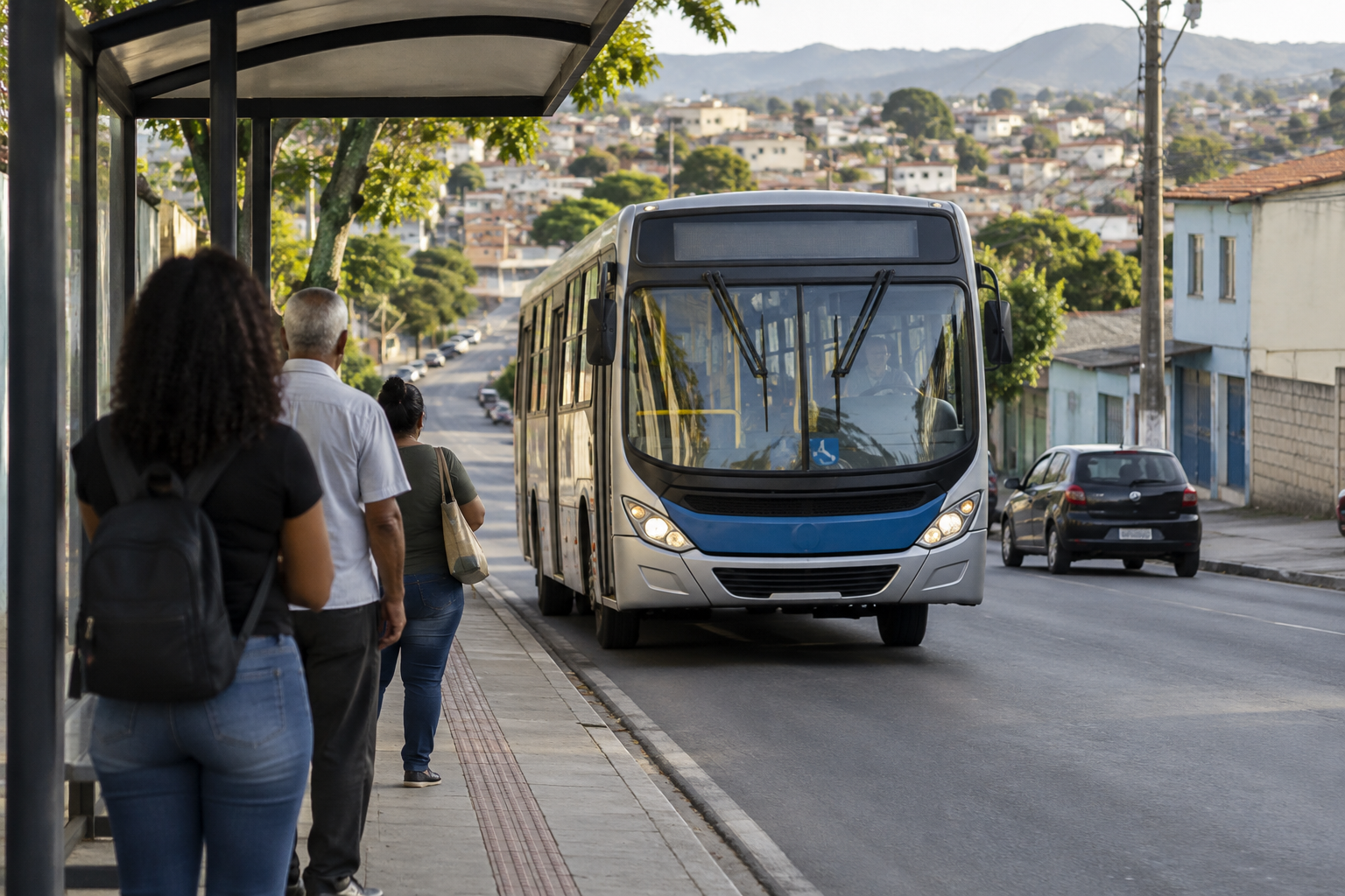 Ônibus urbano se aproxima de ponto com passageiros de costas em bairro de uma cidade mineira.