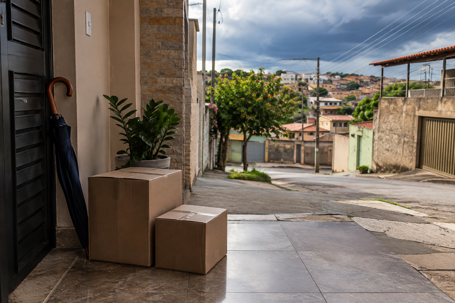 Caixas de encomendas em entrada coberta de uma casa, com guarda-chuva e céu nublado ao fundo em Contagem.