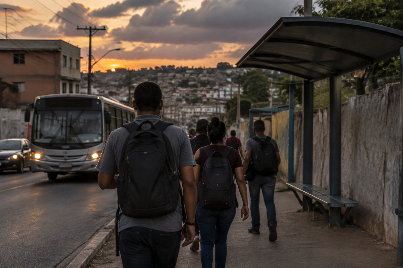 Trabalhadores de costas próximos a um ponto de ônibus ao entardecer, com nuvens no céu e construções urbanas ao fundo.