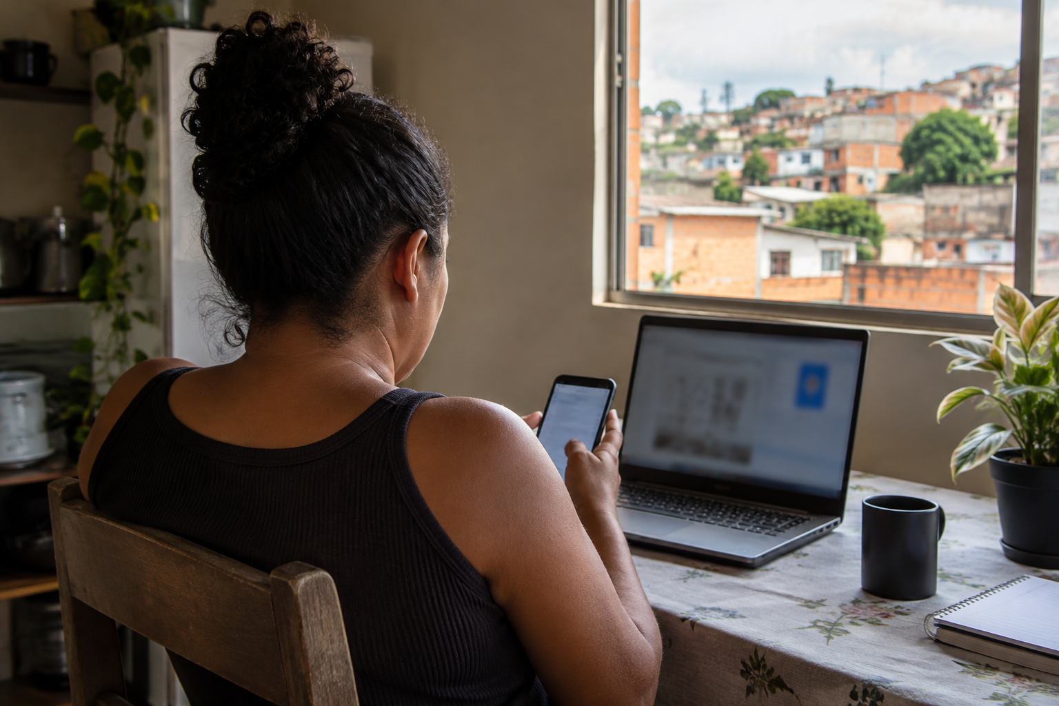 Pessoa vista de costas acompanha informações pelo celular em uma casa, com paisagem urbana de Contagem ao fundo.